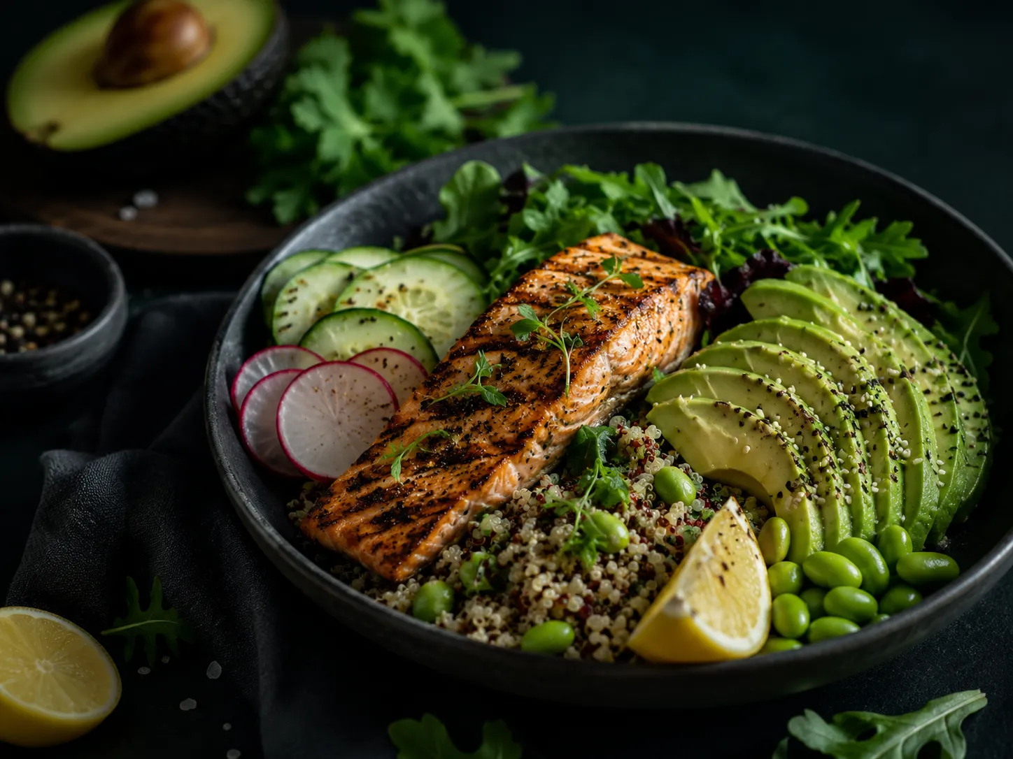A grilled salmon bowl with avocado, quinoa and greens