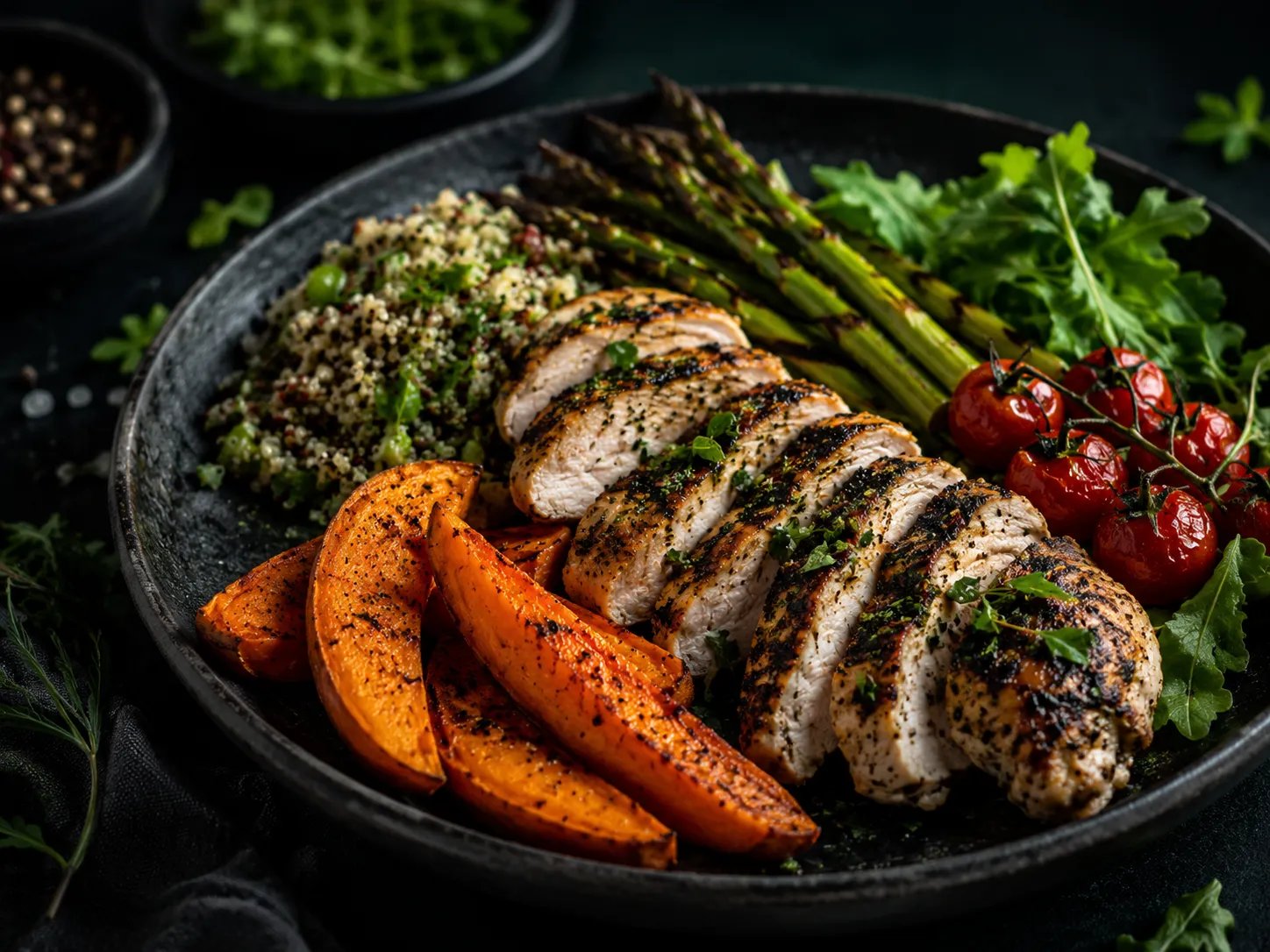 Grilled chicken with roasted sweet potato, asparagus and quinoa