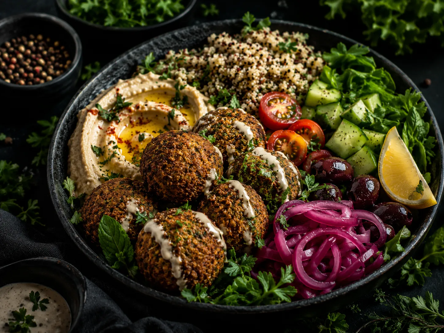 A falafel and hummus bowl with quinoa, cucumber and pickled onion
