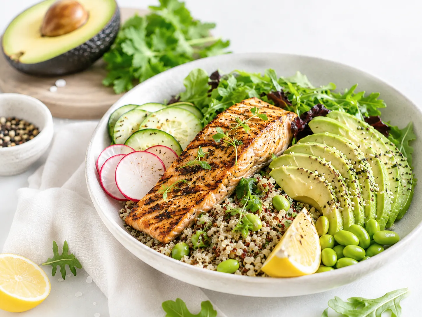 A grilled salmon bowl with avocado, quinoa and greens