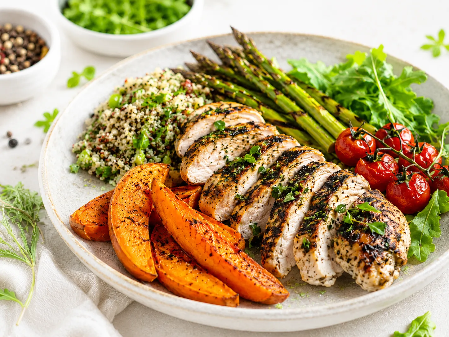 Grilled chicken with roasted sweet potato, asparagus and quinoa