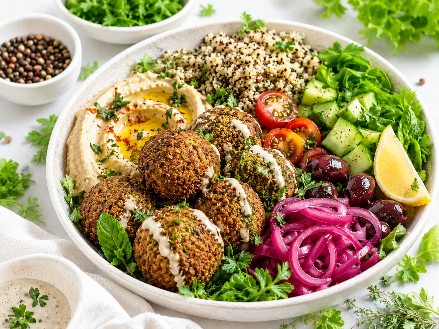 A falafel and hummus bowl with quinoa, cucumber and pickled onion