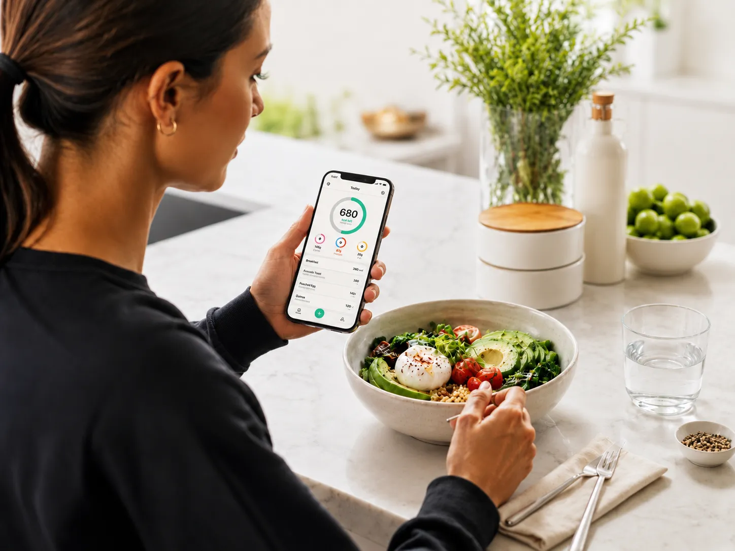 Checking the day’s calories in The Last Calorie Tracker over a healthy bowl