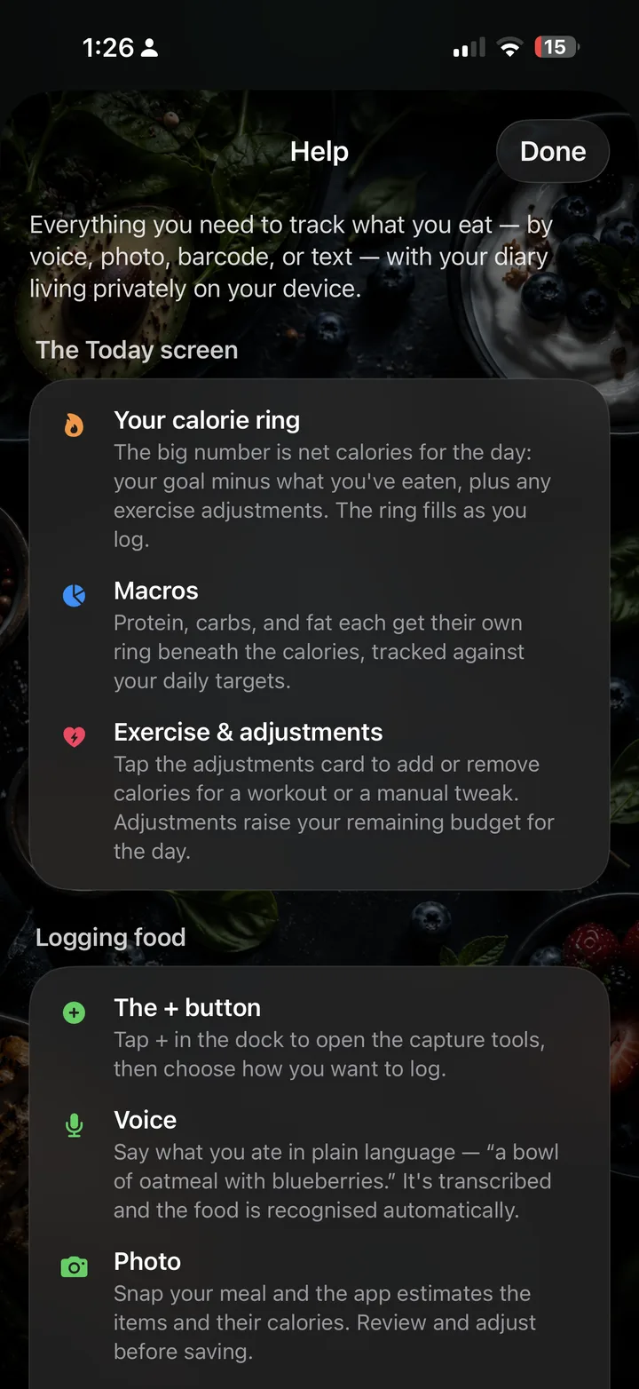 In-app help over the app’s private, on-device design